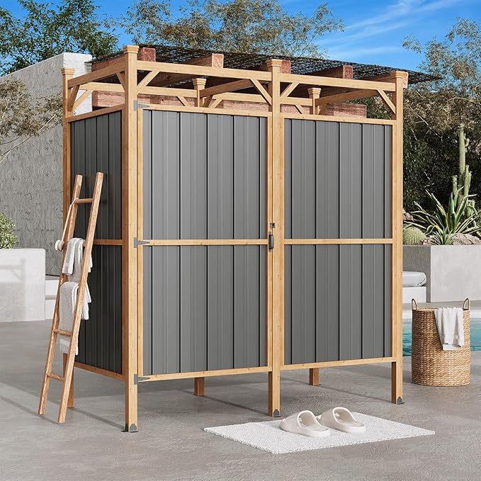 EROMMY Outdoor Shower Enclosure with Lockable Door Weatherproof Outdoor Shower Stall with Metal Panels Hooks &amp Shelves - Perfect for Pool Wash Station Backyard &amp Beach Rinse Area Large Vers