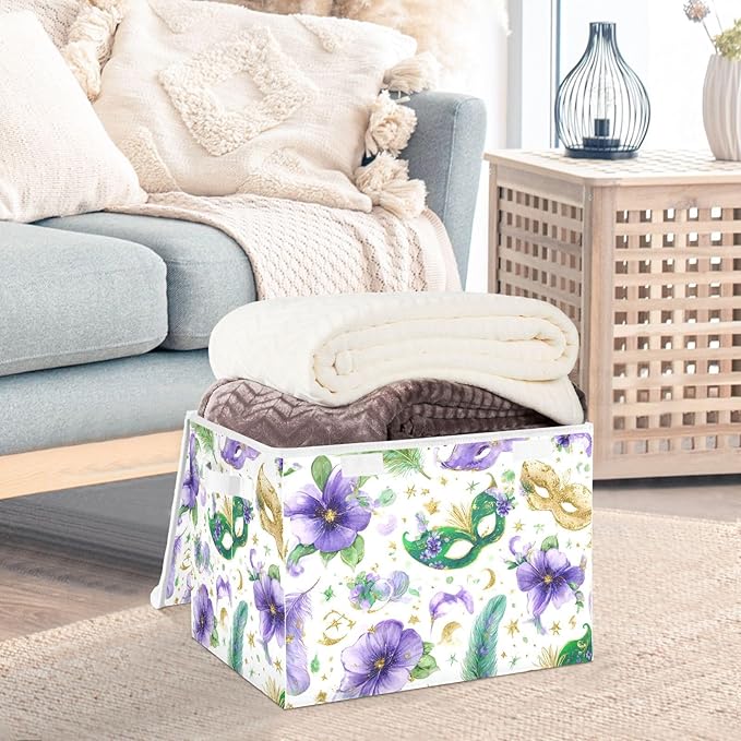 Mardi Gras Masks Flowers White Storage Box with Lid 1 PC Foldable Storage Bin with Lids Stackable Storage Bins Cube Closet Organizer Basket with Flip-Top Lid &amp Handles for Shoes Books Towels