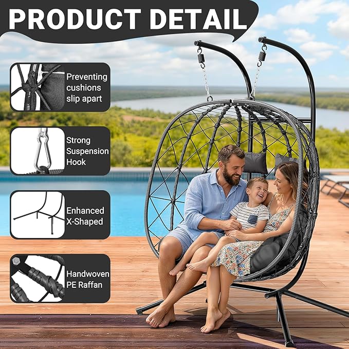 CHABATREE Double Egg Swing Chair with Stand - 2 Person Outdoor Patio Hanging Wicker Hammock Chair with Cushion Dark Grey for Garden Lawn Bedroom Indoor/Outdoor Use