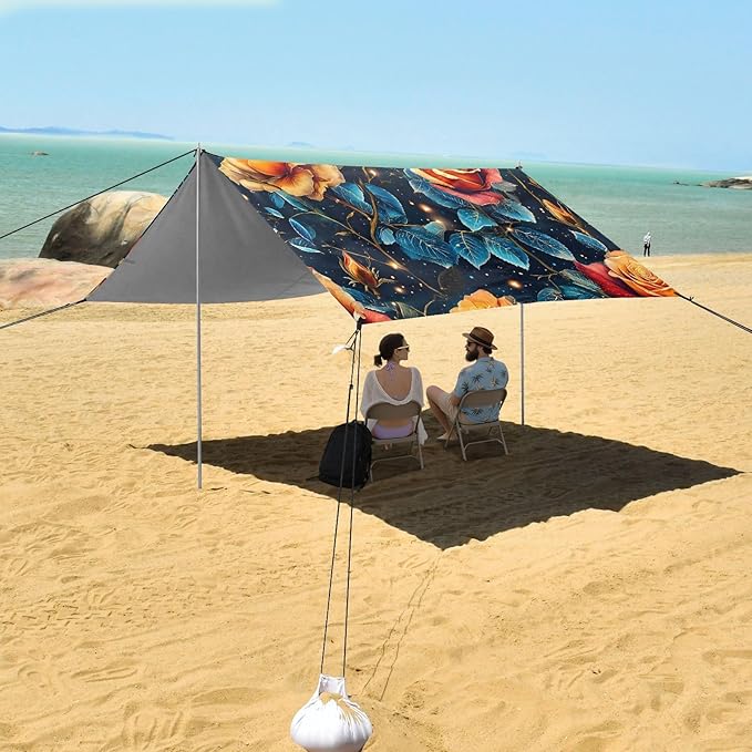 ALAZA Dreamy Rose Flower Beach Tent Sun Shelter UPF50+ Protection Beach Shade Canopy w/ 4 Sandbags for Outdoor Camping Fishing Backyard Fun Picnic 10x9 ft