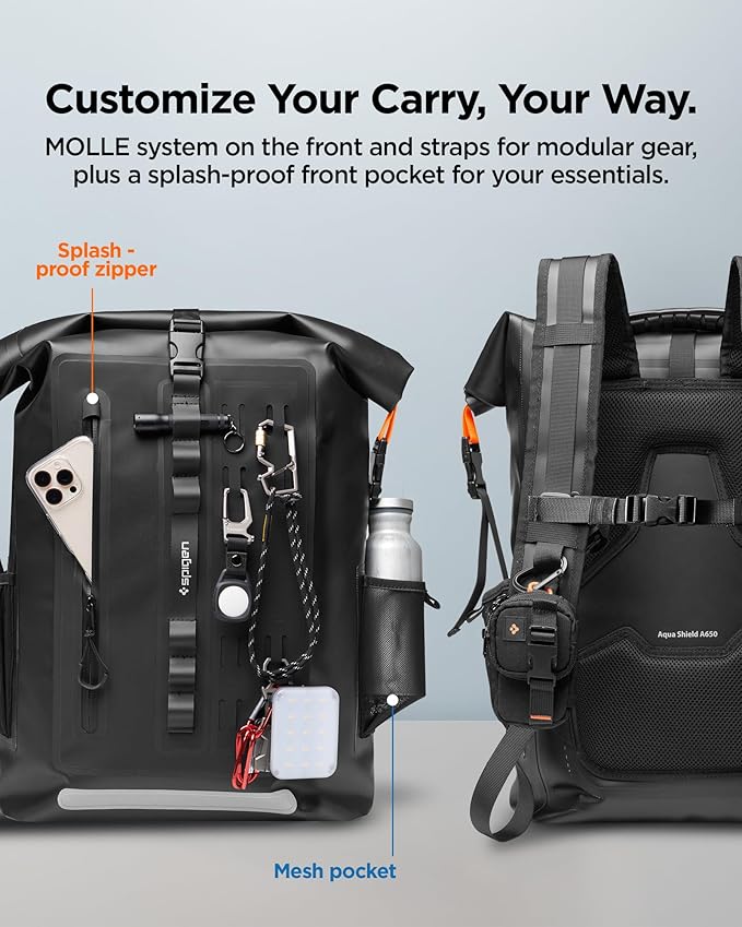 Spigen for Waterproof Backpack IPX6 35L Roll Top Travel Rucksack Fits up to 16 Inch Laptop Multi-Compartment Bag Ventilated Back Chest Strap Hiking Camping Swimming Canoeing Fishing