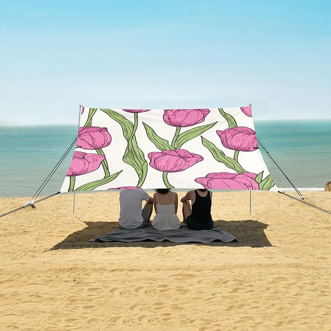 ALAZA Cute Doodle Romantic Pink Tulips Flower Beach Tent Sun Shelter Portable Canopy Sunshade for Outdoor Camping Picnics Backyard Fun 10x9 ft
