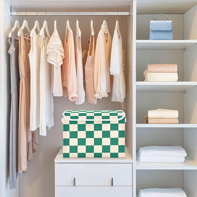 Green Checkerboard Square Grid Storage Box with Lid 1 PC Foldable Storage Bin with Lids Stackable Storage Bins Cube Closet Organizer Basket with Flip-Top Lid &amp Handles for Shoes Books Towels