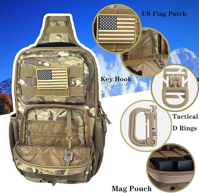 Tactical Shoulder Sling Bag Small Chest Pack 13L Backpack for Men Outdoor Sports CP Camo