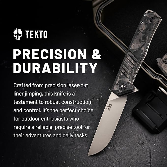 TEKTO KNIVES F1 Alpha Folding Pocket Knife - Modified Straight Back Blade Titanium Coated D2 Steel Ideal for Camping &amp Backpacking Tactical Forged Carbon Fiber Handle Silver Titanium Accents