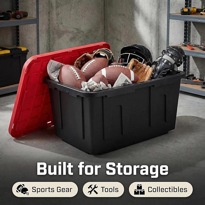 27 Gal Industrial TotePack of 2 red Plastic storage bins with lids for Garage Basement or OutdoorHeavy Duty storage TotesBlack with Red LidStackable &amp Nestable