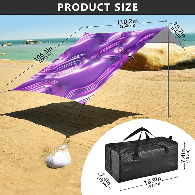 Beach Canopy with Windproof Ropes &amp Sandbags Beach Tent Sun Shade Sun Shelter for Camping Trips Fishing Backyard Fun or Picnics Purple Texture