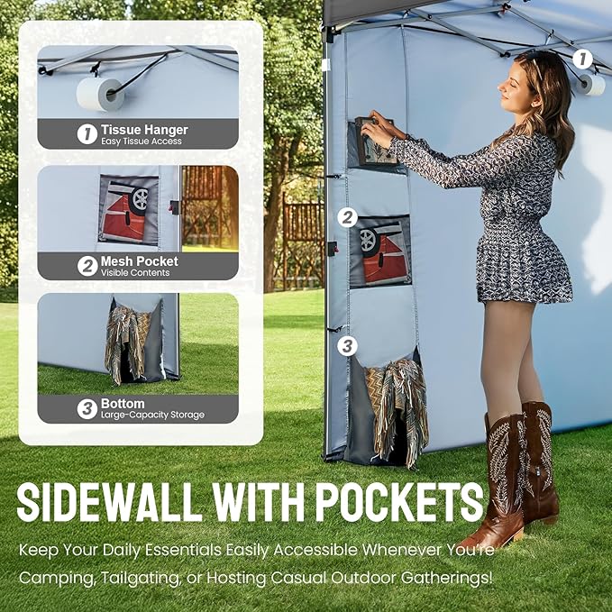 CROWN SHADES Canopy Tent 10x10 Pop Up Canopy Outdoor Shade with Pockets Sidewall Easy Up Sun Shelter with One Person Set Up Center Lock Portable Instant Camping Beach Canopies Tents Grid Grey