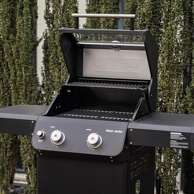 Monument Grills 2-Burner Foldable Stainless Steel Liquid Propane Gas Patio Garden Barbecue Grill with Clearview® Lid Knob Control Mesa220 with BBQ Cover