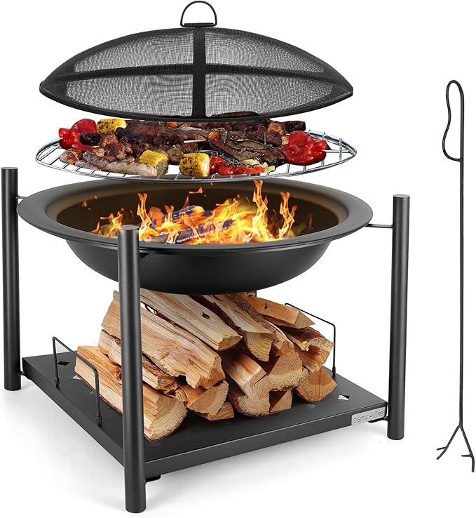 SereneLife Portable Outdoor Fire Pit - 2-in-1 Steel BBQ Grill and 26 Wood Burning Fire Pit Bowl with Mesh Spark Screen Log Grate Fire Poker and Cover for Camping Picnic Bonfires