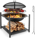 SereneLife Portable Outdoor Fire Pit - 2-in-1 Steel BBQ Grill and 26 Wood Burning Fire Pit Bowl with Mesh Spark Screen Log Grate Fire Poker and Cover for Camping Picnic Bonfires