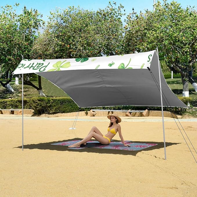 xigua St. Patrick's Day Clover Beach Tent Sun Shelter with Carrying Bag - Silver Coated Oxford Fabric Beach Canopy for Beach Camping Fishing - Includes Windproof Ropes Sandbags &amp Stakes