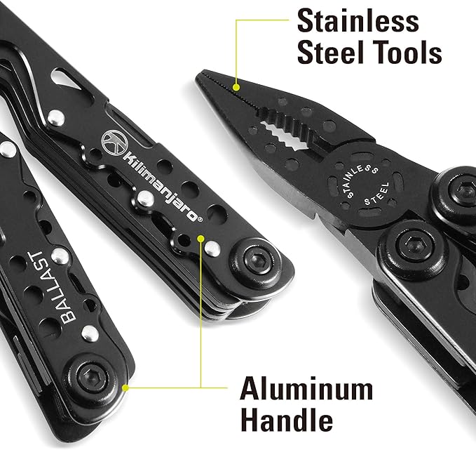 Kilimanjaro 13-in-1 Ballast Black Multi-Tool with Pliers Knife &amp Screwdrivers Anodized Aluminum Handles Secure Set Screws Belt Pouch Heavy-Duty Compact Tool for Camping &amp Work - 910053ECE