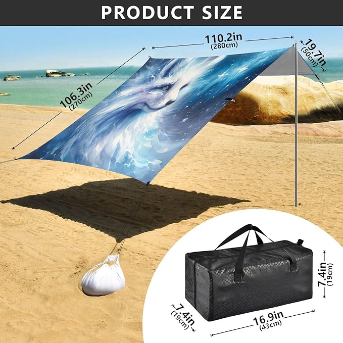 ALAZA Ice Fox Starry Sky Galaxy Beach Tent Sun Shelter UPF50+ Protection Beach Shade Canopy w/ 4 Sandbags for Outdoor Camping Fishing Backyard Fun Picnic 10x9 ft