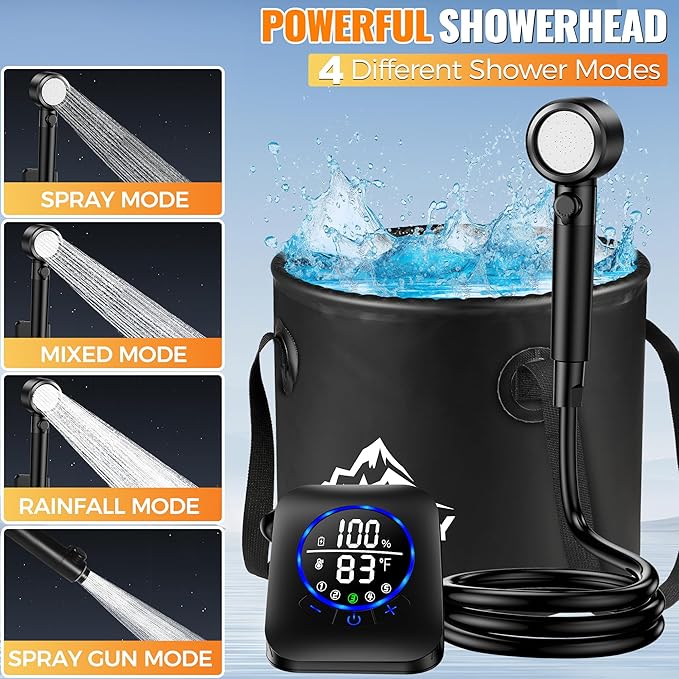 Portable Shower for Camping 8000mAh Rechargeable Camping Shower Pump with XL Foldable Bucket IPX8 Waterproof Surrounding Water Inlet 5 Pressure Modes Outdoor Shower Pump for Hiking Travel Pet