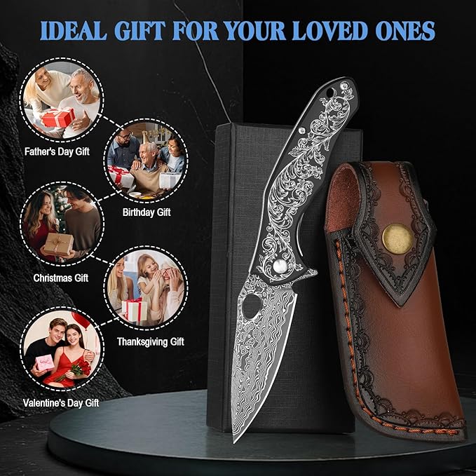 KOMWERO Damascus Pocket Knife with 2.95 VG10 Steel Blade Folding Knife with Aluminum Alloy Non-Slip Handle EDC Knife with Leather Sheath and Pocket Clip for Men Women Camping Survival Hiking