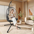 Hanging Egg Chair with Stand Outdoor Indoor Rattan Wicker Swing Chair Foldable Patio Hammock with Cushion Dark Grey 350 LBS Capacity (Dark Grey)