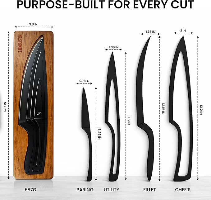 NestKnife Magnetic Knife Set - VG10 High Carbon Stainless Steel Chef Knife Set with Patented Space-Saving Nesting Design &amp Magnetic Holder - 4 Piece Razor Sharp Professional Knife Set For Kitchen
