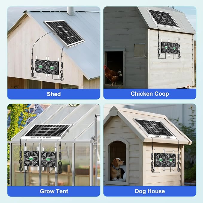 Solar Chicken Coop Fan 2 Kit 20W Solar Powered Greenhouse Fan Outdoor Waterproof Solar Exhaust &amp Intake Fans 16.7 ft Cord Hi-Airflow for Shed Dog House Air Circulation Ventilation Cooling