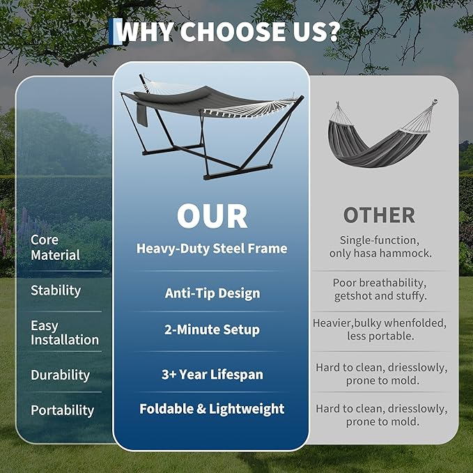 2 Person Double Hammock with Stand &amp Pillow 450 LBS Heavy Duty Outdoor Hammock with Balance Rope for Patio Backyard Poolside
