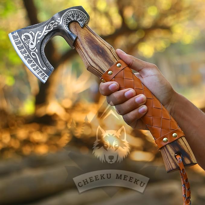 Custom Handmade Carbon Steel Real Viking Axe HatchetCamping Axe Birthday Gift for him Leather Wrapped Handle and Leather Sheath ((FM 20))