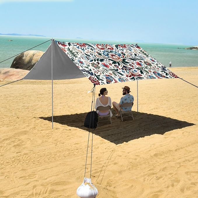 Ethnic Floral Texture Beach Tent Sun Shelter Set UPF50+ UV Protection 10.5 x 9.19 FT Camping Shade Canopy with Sandbags Sand Anchors Carrying Bag and Others