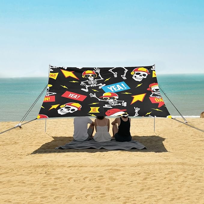 ALAZA Cool Skull Beach Tent Sun Shelter UPF50+ Protection Beach Shade Canopy w/ 4 Sandbags for Outdoor Camping Fishing Backyard Fun Picnic 10x9 ft