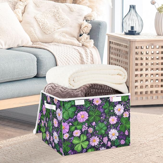 St. Patrick's Day Green Clovers Purple Storage Box with Lid 1 PC Foldable Storage Bin with Lids Stackable Storage Bins Cube Closet Organizer Basket with Flip-Top Lid &amp Handles for Shoes Book