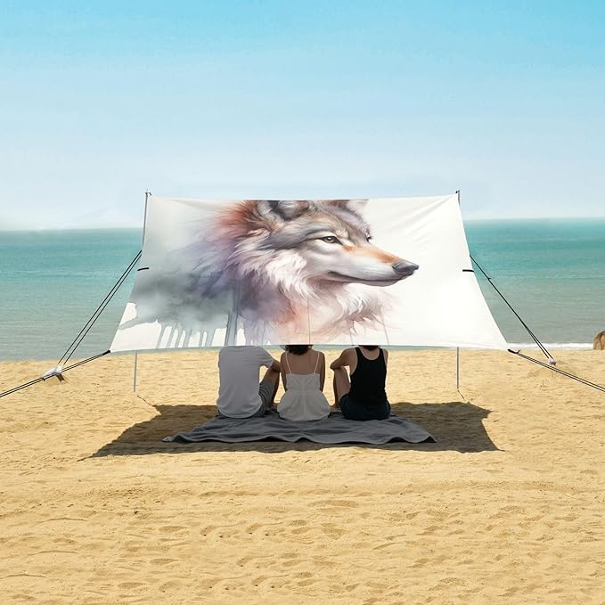 ALAZA Wolf Animal Beach Tent Sun Shelter UPF50+ Protection Beach Shade Canopy w/ 4 Sandbags for Outdoor Camping Fishing Backyard Fun Picnic 10x9 ft
