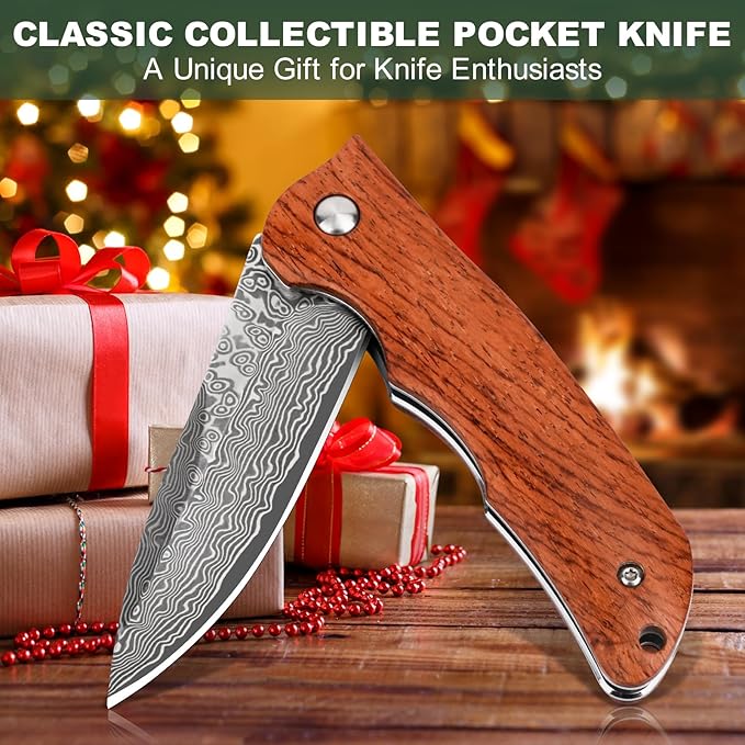 AUBEY Damascus Pocket Knife with VG10 Core Wooden Handle EDC Folding Knives for Men Outdoor Camping Collection Gift