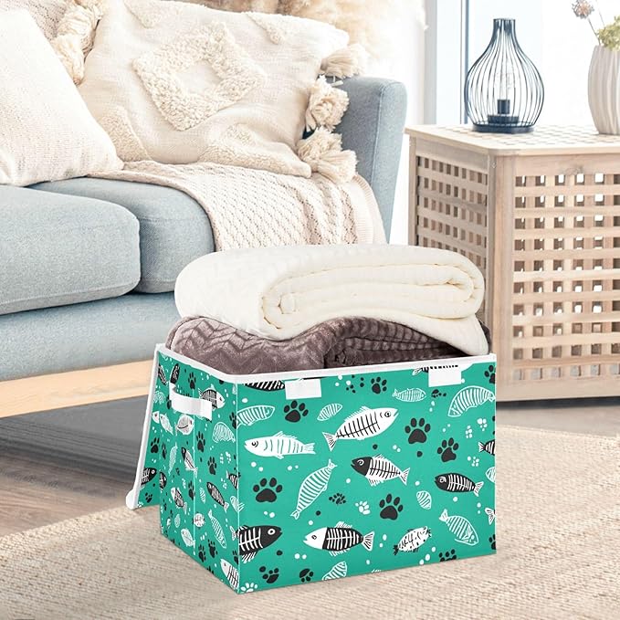 Collapsible Storage Bins with Lids Decorative Fabric Storage Cubes Closet Organizer and Storage Basket Boxes Containers for Clothes Box Chest Nursery Folding Rectangle Green Paw Prints Fish