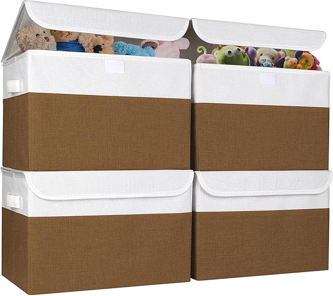 Bagnizer Large 22 Quart Linen Fabric Foldable Storage Bin Cube Organizer Basket with Flip-Top Lid &amp Handles Clothes Blanket Box for Home Office Closet Brown &amp White 4 Pack 14.6 x 9.5 x 9.