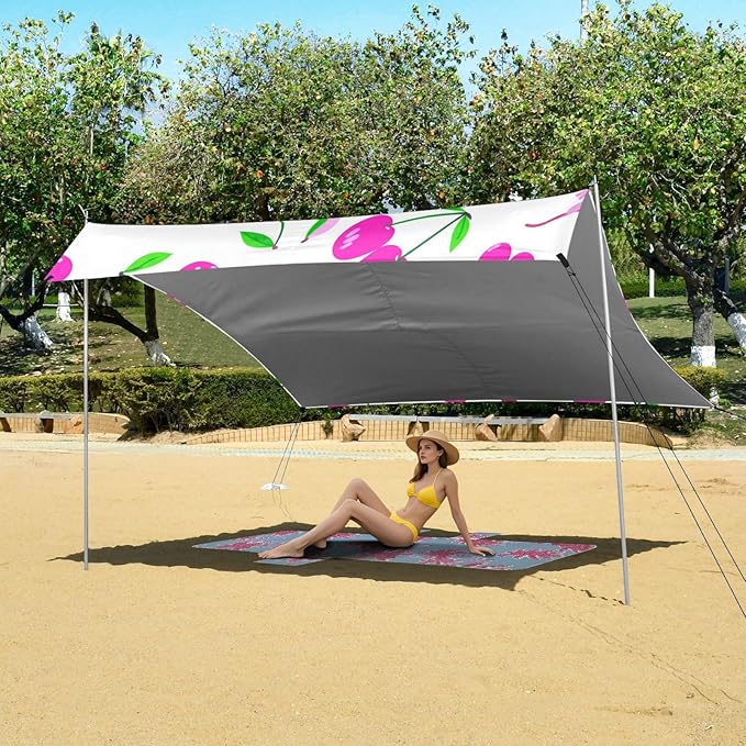 Beach Canopy with Windproof Ropes &amp Sandbags Beach Tent Sun Shade Sun Shelter for Camping Trips Fishing Backyard Fun or Picnics Red Cherries