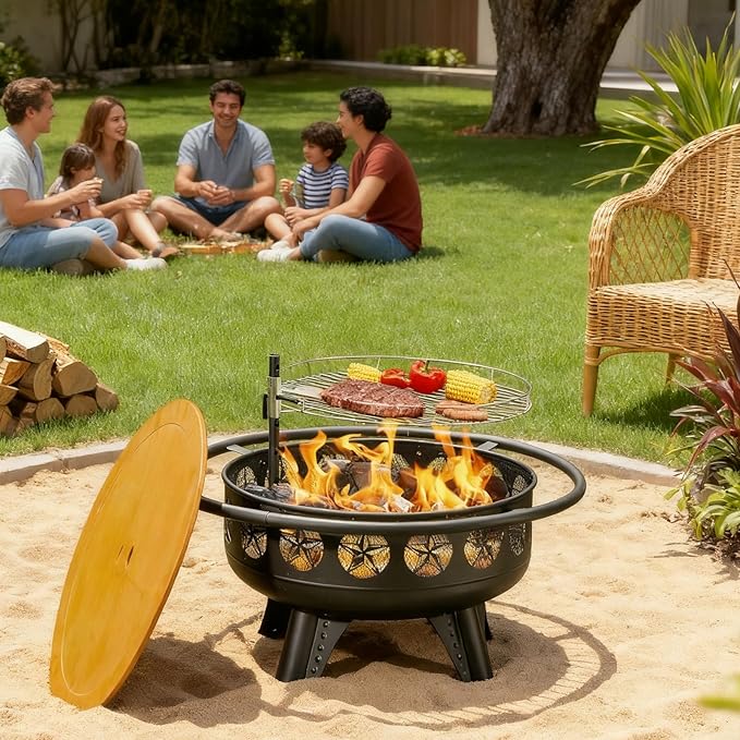 32 Inch Fire Pit with Swivel Cooking Grate3-in-1 Wood Burning Firepit with GrillOutdoor Fire Pits Table with Metal Lid and Poker for Outside Patio Backyard BBQ Bonfire Camping (32 Inch)