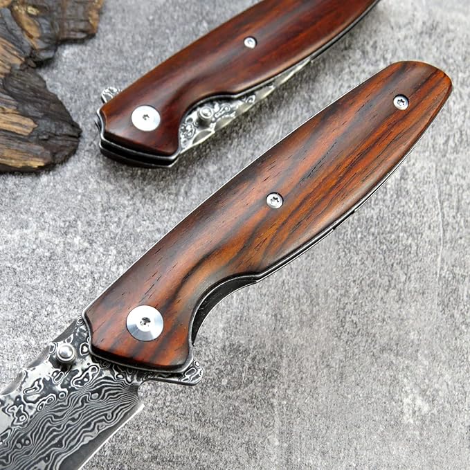 Sitivien ST240 EDC Damascus Steel Folding Knife with Dalbergia HandleVG10 Core Blade Liner Lock and Belt ClipFishing Hiking Survival Knife