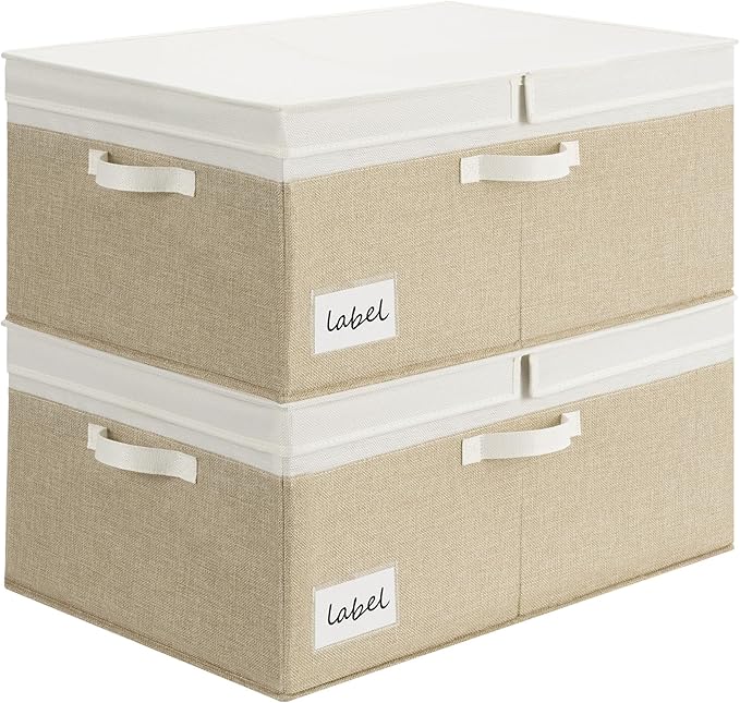 GRANNY SAYS Decorative Storage Boxes with Lid Large Storage Bins with Double-Open Lid Storage Basket for Clothes 63L Closet Linen Storage Bin White/Khaki 2-Pack