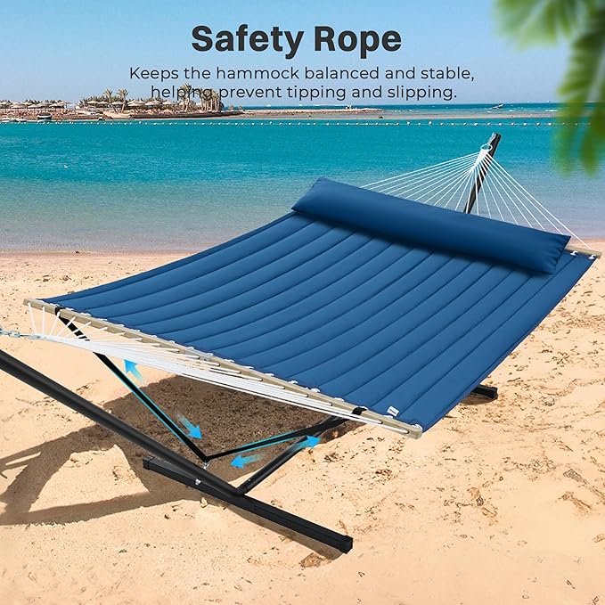 SUPERJARE Hammock with Stand 2 Person Quilted Outdoor Hammock Detachable Pillow &amp Bamboo Spreaders Portable Hammock with Carrying Bag Heavy Duty Stand Perfect for Outside Patio Navy Blue