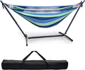 Double Hammock with Freestanding Steel Stand Portable &amp Easy Setup 550lb Capacity Heavy Duty for Patio GardenBackyard Camping Indoor &amp Outdoor - Includes Carry Bag (Blue Stripe)