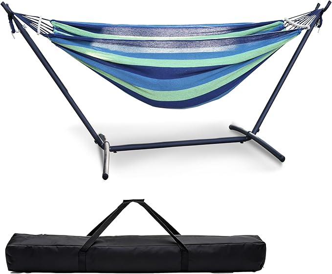 Double Hammock with Freestanding Steel Stand Portable &amp Easy Setup 550lb Capacity Heavy Duty for Patio GardenBackyard Camping Indoor &amp Outdoor - Includes Carry Bag (Blue Stripe)