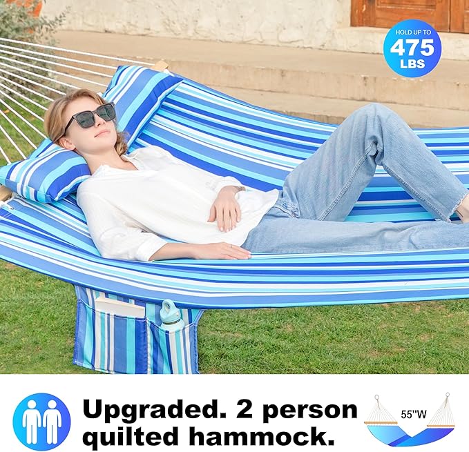 GAFETE Hammock 2 Person Quilted Fabric Hammocks for Outside Double 12ft Hammocks with Spreader Bar Large Removable Pillow Storage Bag Carabiners Max 475 lbs Capacity (Ocean Blue)