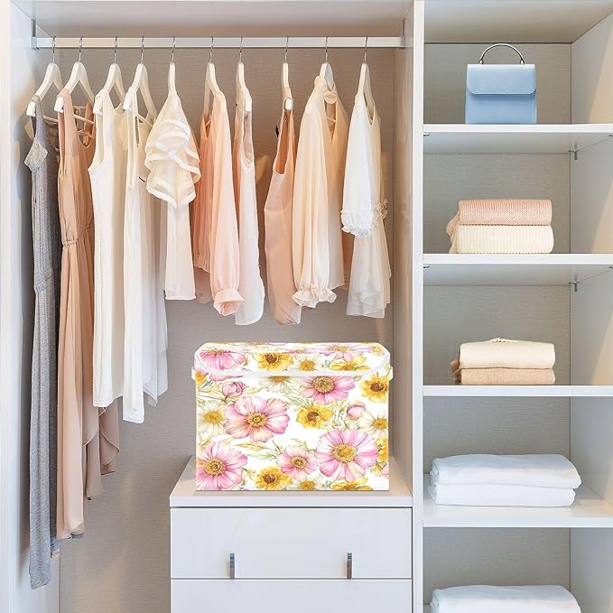 Flowers Fabric Storage Bins with Lids and HandleFoldable Storage Bins with LidsCloset Organizers for Clothes Storage Room Organization Office Storage Chest Organizer
