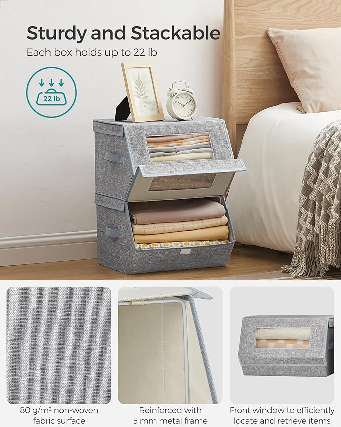 SONGMICS Stackable Storage Bins Set of 2 Storage Boxes with Lids and Front Windows Non-Woven Fabric Closet Organizers with Magnetic Closures Side Handles Dove Gray URLB002W01