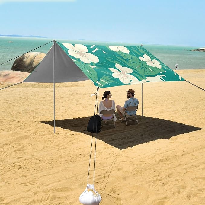 Seamless Pattern Monkey Palm Tropical Hawaiian_2 Beach Canopy UPF50 Waterproof Sun Shelter with Sand Shovel Sandbags for Backyard and Camping
