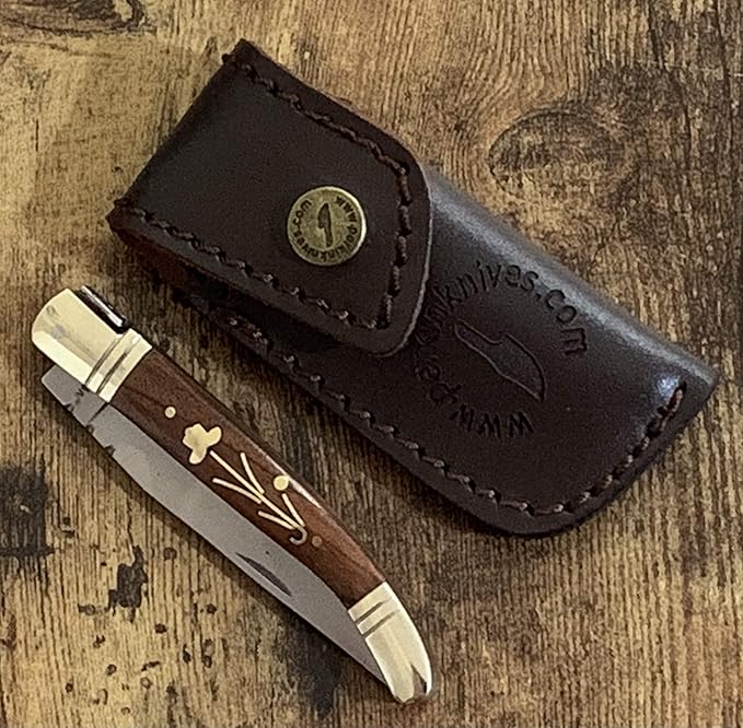 Perkin Handmade Pocket Knife with Leather Sheath - Legal Foldable Pocket Knifes for Men and Women Small EDC Lightweight Folding Knives with Laguiole Type-Gift for Unisex Adult Everyday Carry.