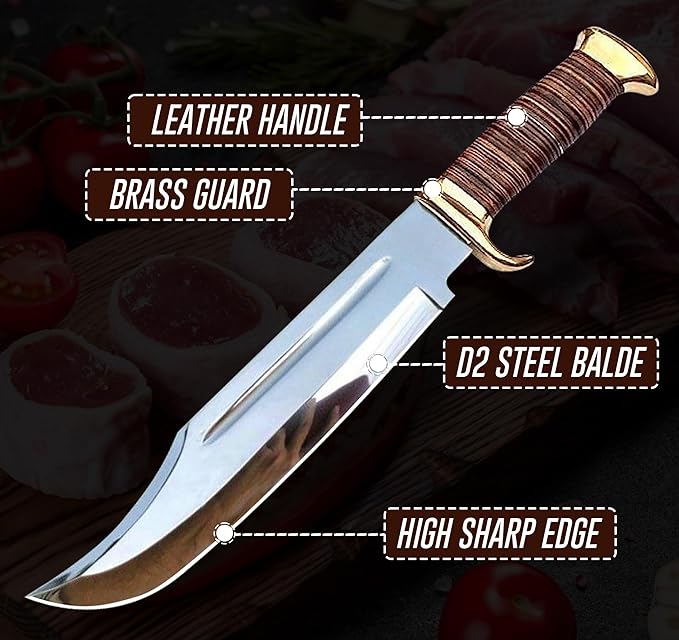 14 Crocodile Dundee-Fixed Blade Bowie Knife With Sheath-Survival-Hunting Knife with Leather Handle-Tactical Knife for Camping Outdoor Bushcraft - Gift for Men
