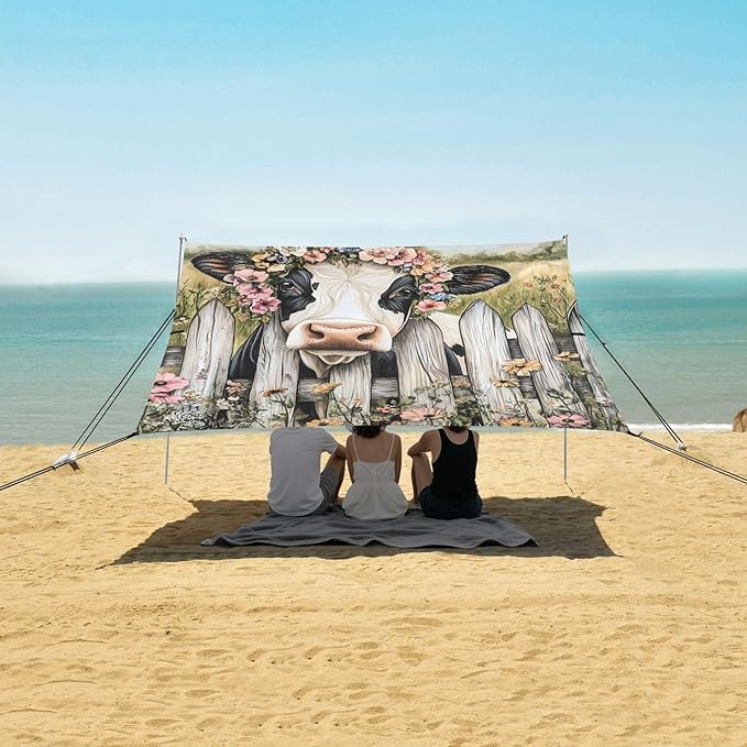 ALAZA Ctue Cow with Flower Beach Tent Sun Shelter Portable Canopy Sunshade for Outdoor Camping Picnics Backyard Fun 10x9 ft
