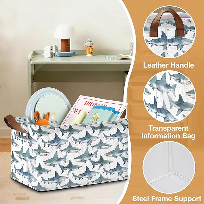Sharks Storage Bin with Handles Basket Storage Organizer for Shelves Closet Nursery Book Laundry Hamper &amp Home Decor