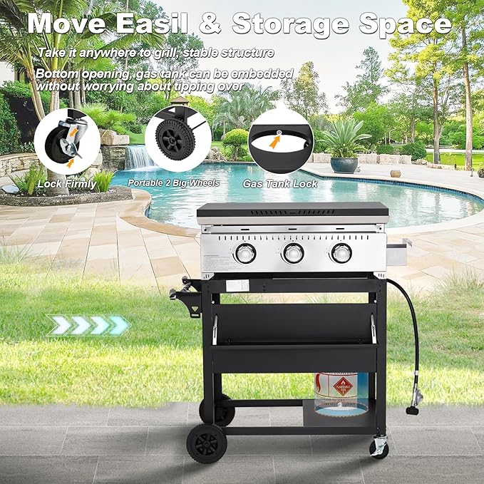 MELLCOM 3 Burner 30000 BTU Outdoor Gas Griddle with Lid (Side Shelf) Portable Flat Top Griddle 28 Inch Heavy- Duty Cast lron Grill Bottle Rack &amp Grease Pan for Camping Picnic Patio