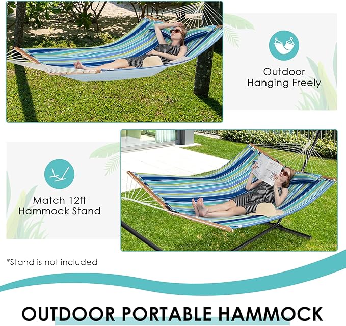 Tangkula 10.5FT Double Hammock Heavy Duty Outdoor Hammock with Curved Spreader Bars Detachable Pillow 2 Person Hammocks for Outside Porch Patio (Stand is not Included) (Blue+Green)
