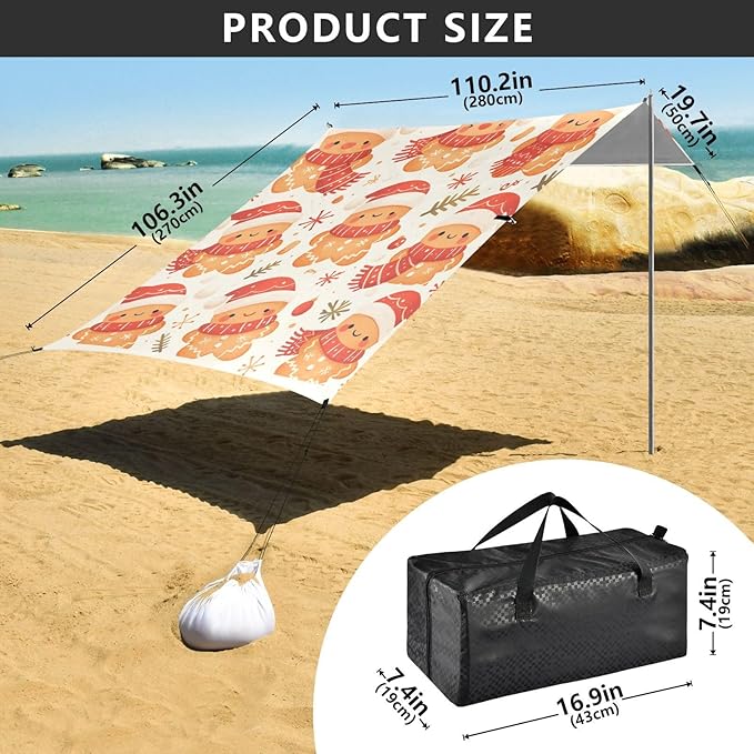 Lovely Christmas Gingerbread Man Stable Beach Tent UPF50 Waterproof Portable Sun Shelter with Sandbags &amp Sand Shovel for Camping Picnics Backyard &amp Fishing
